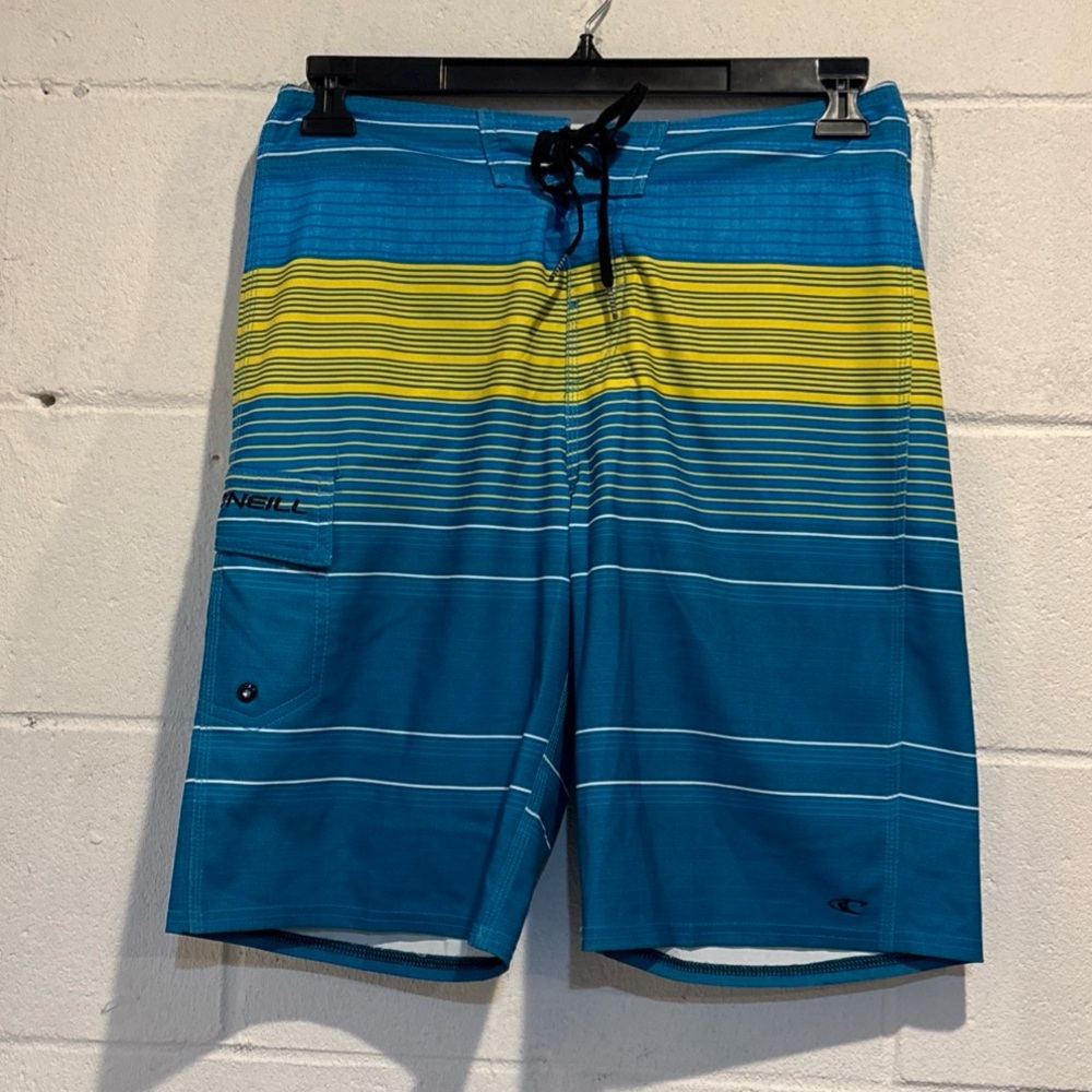 Oneill men’s swim trunks board shorts blue yellow striped tie waist size 29”